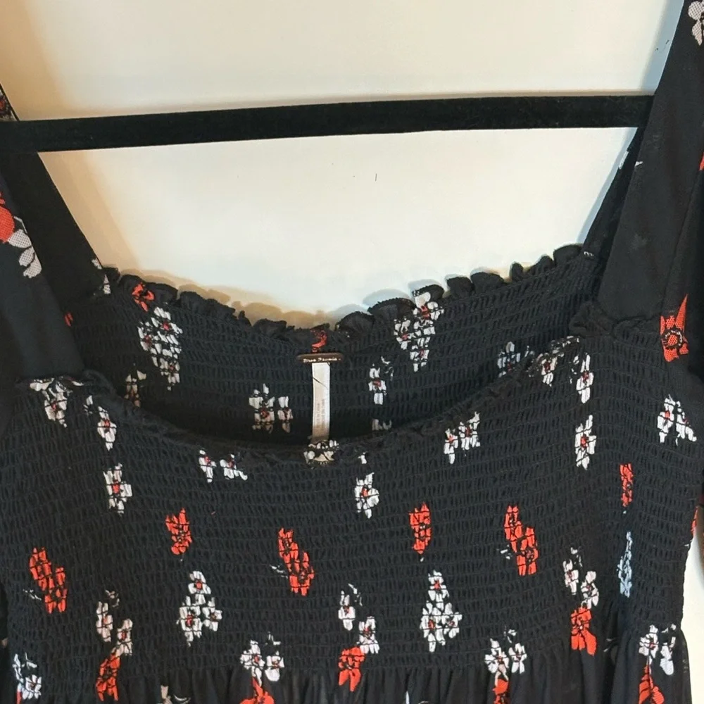 Free People Delta Dawn Midnight Combo Black Blouse with Red Floral Design NWT
